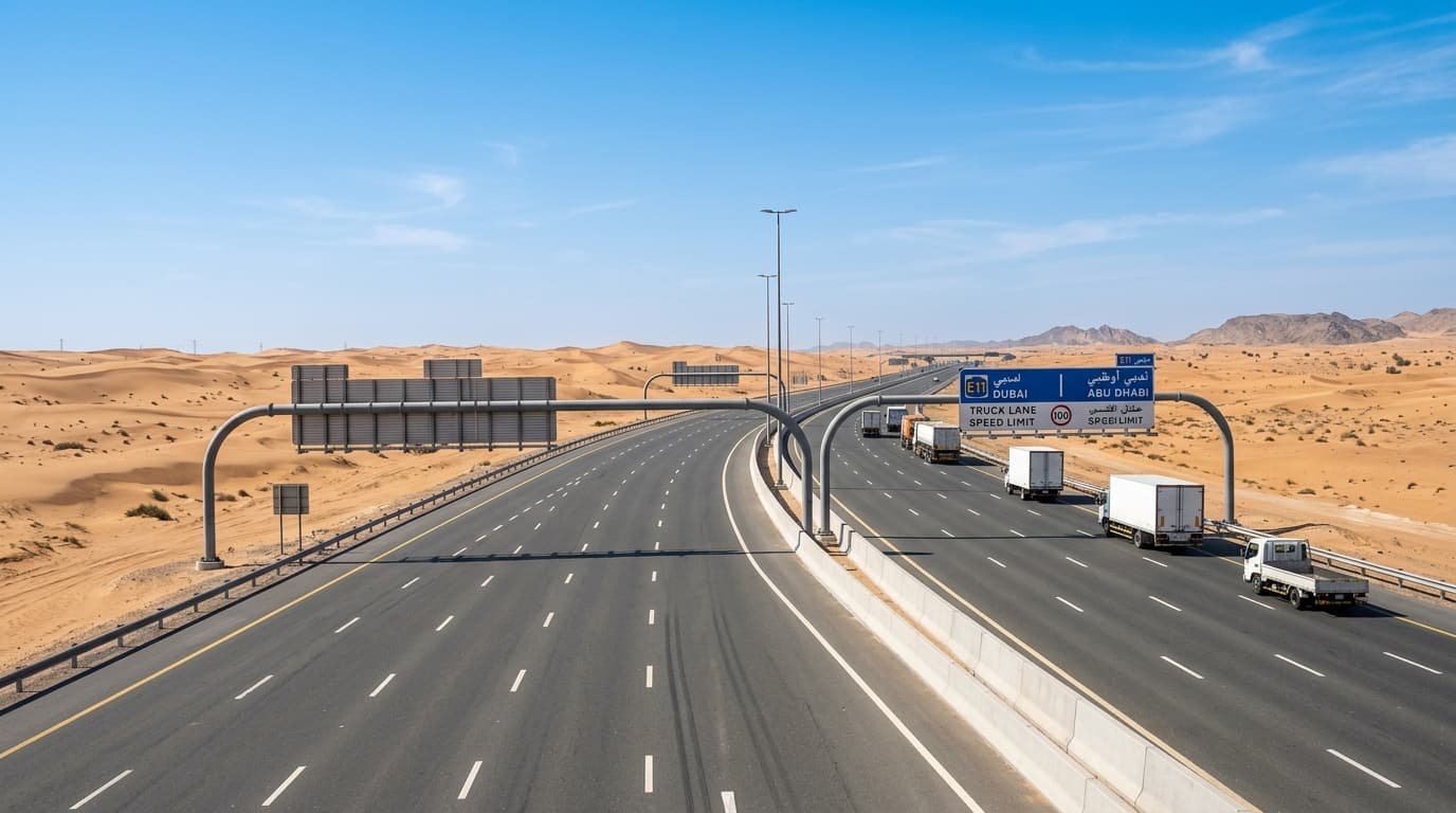 UAE commercial transport highway corridor with transport trucks